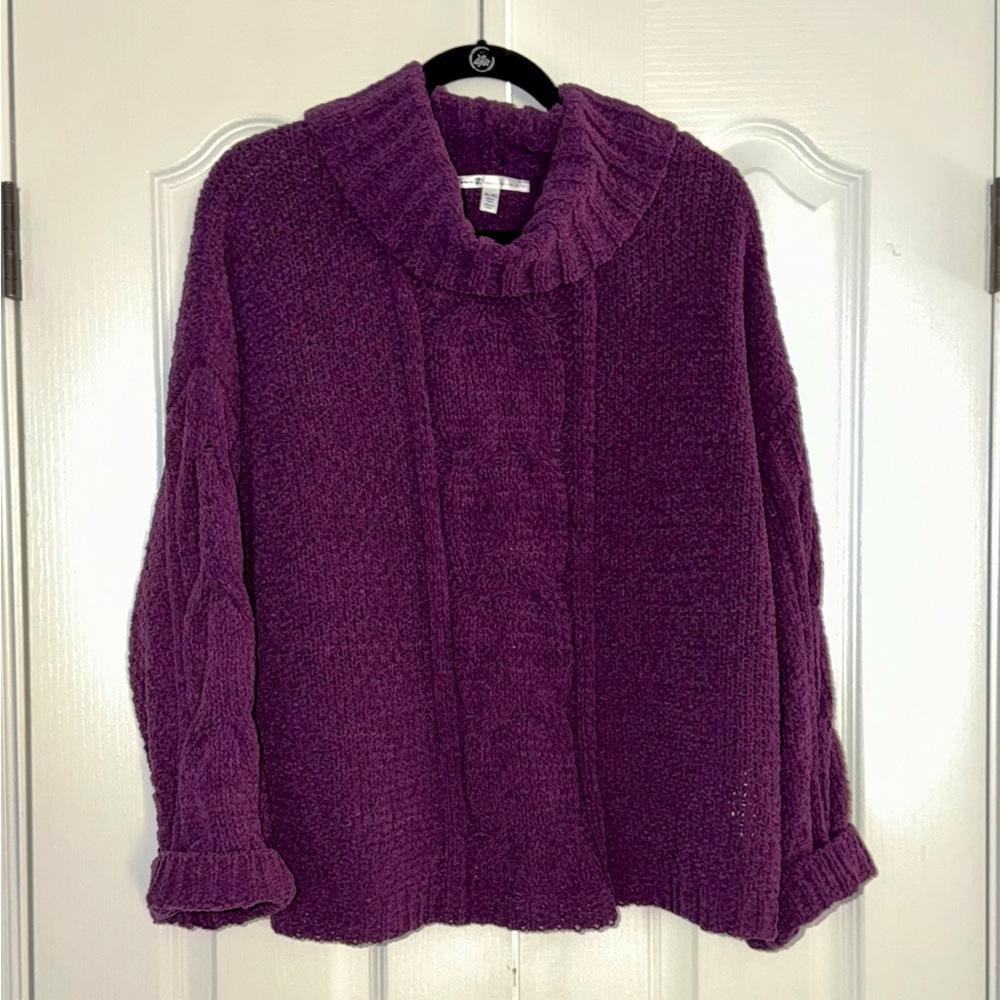 Seven7 Cable Knit Purple Women's Cowl Neck Sweater